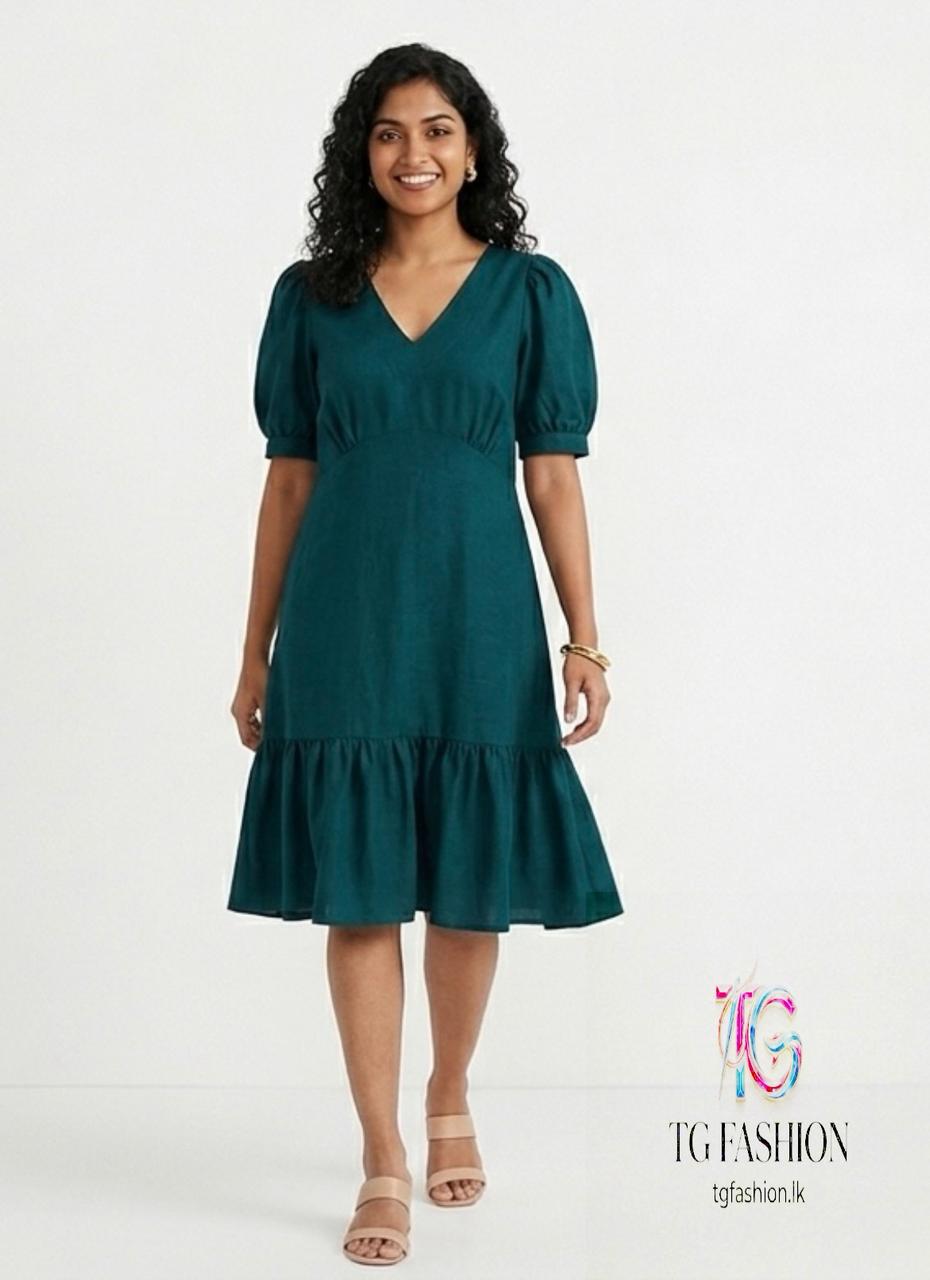 Emerald Elegance Puff Sleeve Dress